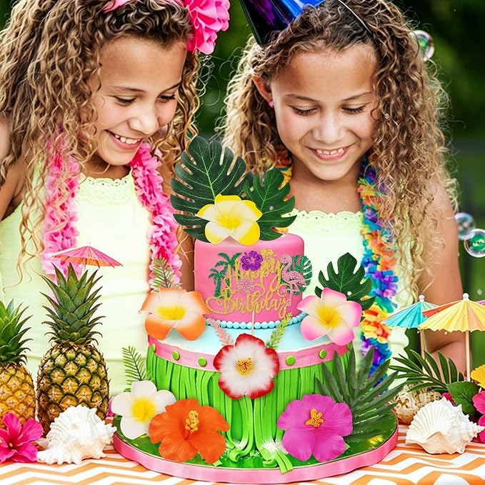 Hooqict 16Pcs Hawaiian Flower Cake Decorations Set with Palm Leaves Tropical Flowers Cake Toppers for Summer Hawaii Luau Beach Themed Birthday Party Decorations Supplies