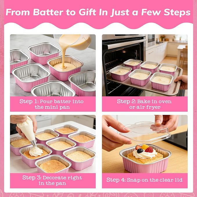 NPLUX 50 Pcs Mini Cake Pans with Lids and Spoons Aluminum Foil Mini Square Baking Cups with Lids Disposable Ramekins Cake Pans Dessert Cups for Wedding, Graduation Gifts Party Favors(Pink,5oz)