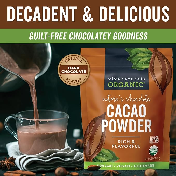 Organic Cacao Powder, Unsweetened, 1 lb (454 g) – Rich Dark Chocolate Flavor, Perfect for Baking, Smoothies & Hot Chocolate – Vegan, Keto, Paleo, Non-GMO & Gluten-Free Cocoa Powder