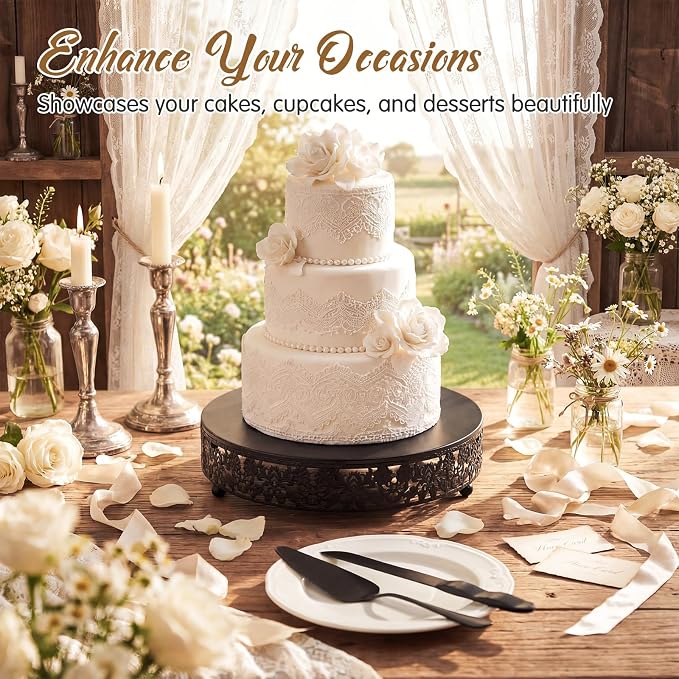 Wenqik 12 Inch Black Cake Stand Set Metal Round Cupcake Dessert Stand with Cake Cutting, Flower Spatula Wedding Cupcake Pastry Display Candy Holder Display for Wedding Party Birthday Baby Shower