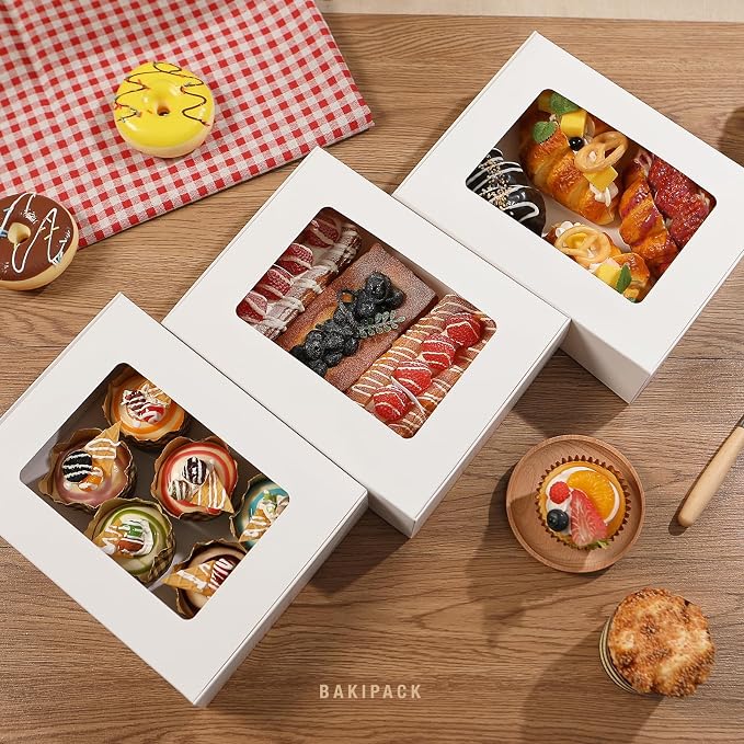 25 White Bakery Boxes with Window, 9x7x2.5 Inches Cake Boxes with Window, Treat Boxes for Small Bakery, Dessert, Candy, Cookies, Pastry, Party Favors, Wedding Cake