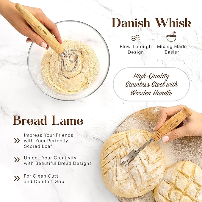 ABIOTO Sourdough Bread Baking Supplies and Starter Kit - Ultimate Bread Making and Sourdough Starter Kit with Proofing Baskets, 34oz Sourdough Jar, Bread Lame, Scrapers & Danish Whisk