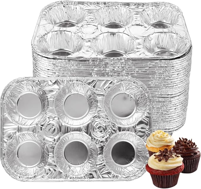 SENENQU Pack of 50 Aluminum Foil Muffin Pans, Holds 6 Cupcakes/Muffin & Pie foil Pan, Standard Size Cupcake Pans, Disposable Muffin Tin for Baking