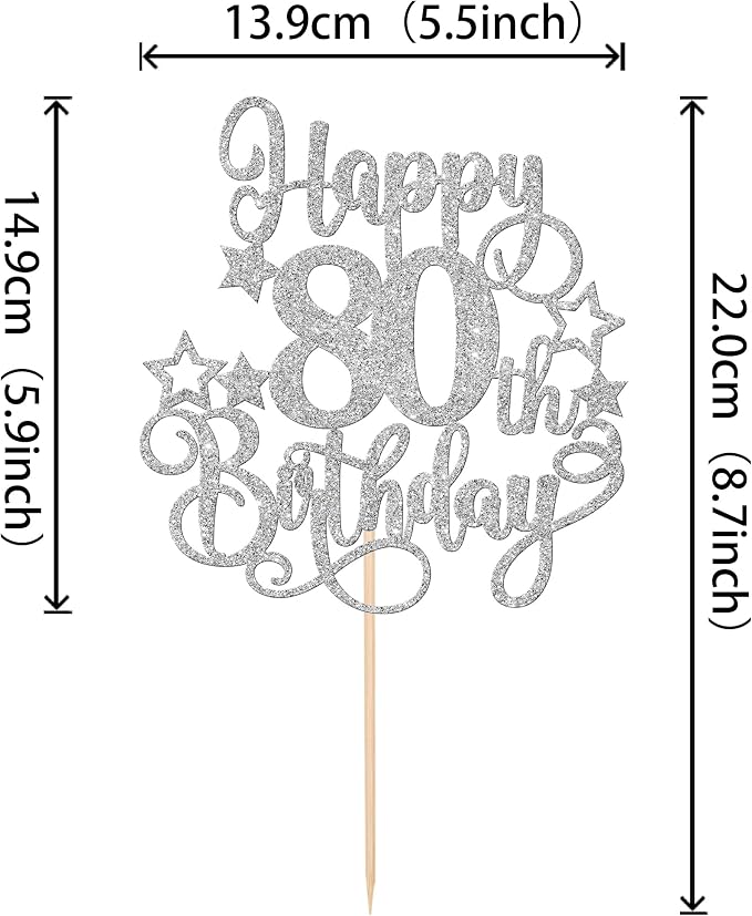 1 PCS Happy 80th Birthday Cake Topper Glitter Cheers to 80 Years Birthday Cake Pick Hello 80 Fabulous Cake Decoration for Happy 80th Birthday Anniversary Party Decorations Supplies Silver