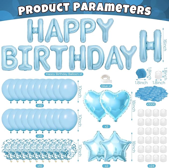 Blue Happy Birthday Balloons Decorations Light Blue Birthday Balloon Letters Banner with Star Heart Balloons 1000 Pcs Artificial Rose Petals 24 Flameless LED Candles for Hotel Birthday Party Supplies