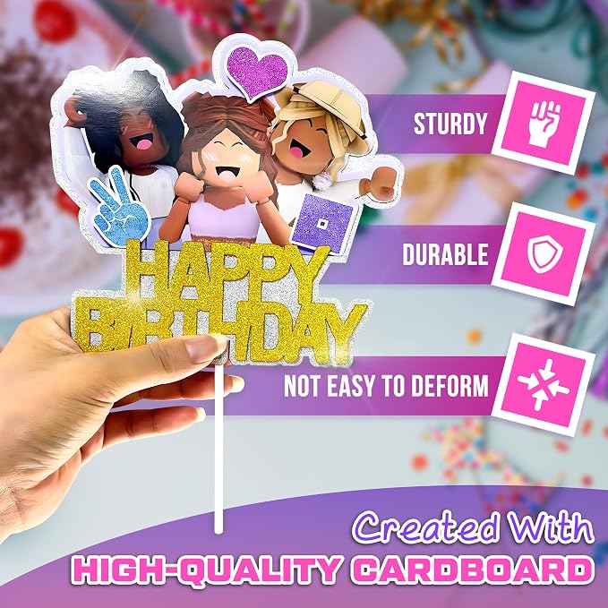 1 Pc Girl Gamer Cake Topper Happy Birthday - 8.27 x 6.3in Video Game Cake Topper Made from Cardboard with Bright Glitter - Pre-Assembled, Gamer Birthday Party Decorations for Dessert Table Setups