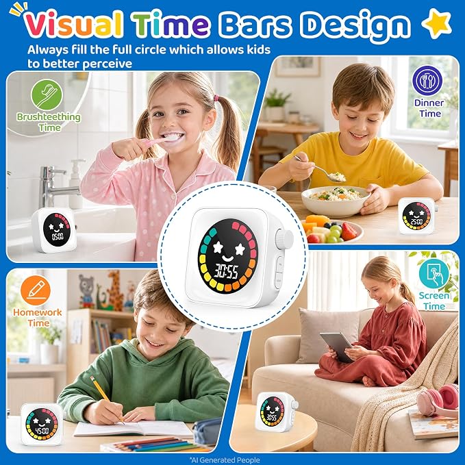 Visual Timer for Kids, 99 Minute Digital Cute Kids Visual Timer Classroom Timer for Homeschool Supplies Study Teaching Time Management Tool Countdown Productivity Timer, White, Colorful Display