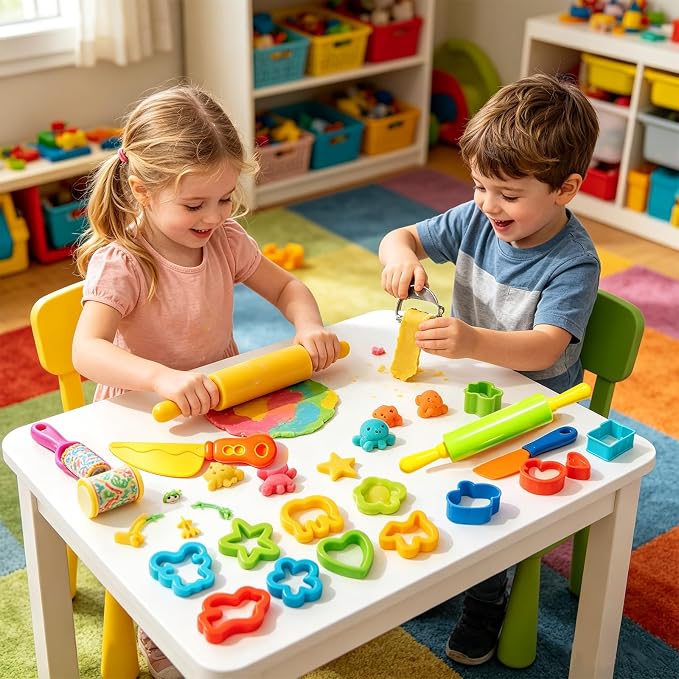 Dough and Clay Play Tools Kit for Kids, Modeling Clay Accessories for Toddlers, Animal Cutters with DIY Rollers & Safety Scissors, Dough Extruder Easy Squeeze for Kids, Ideal Home Play & Baking Set
