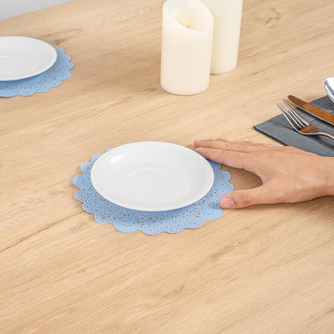 Restaurantware-Pastry Tek 8 x 8 Inch Paper Lace Doilies, 4000 Round Disposable Table Doilies - Elegant Lace Finish, Long Lasting, SkyBlue Paper Lace Doilies, for Pastries, Cupcakes, Desserts