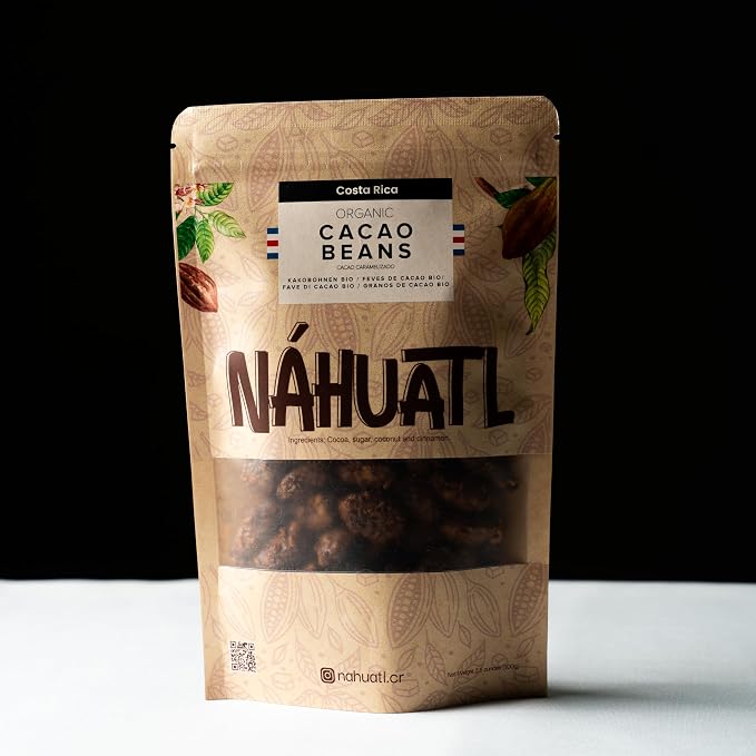 Nahuatl 100% Costa Rican organic caramelized cacao beans, Whole food, Gluten and lactose free, Vegan, Artisan, Source of fiber Keto and Non-GMO, (100g / 3.5Oz).