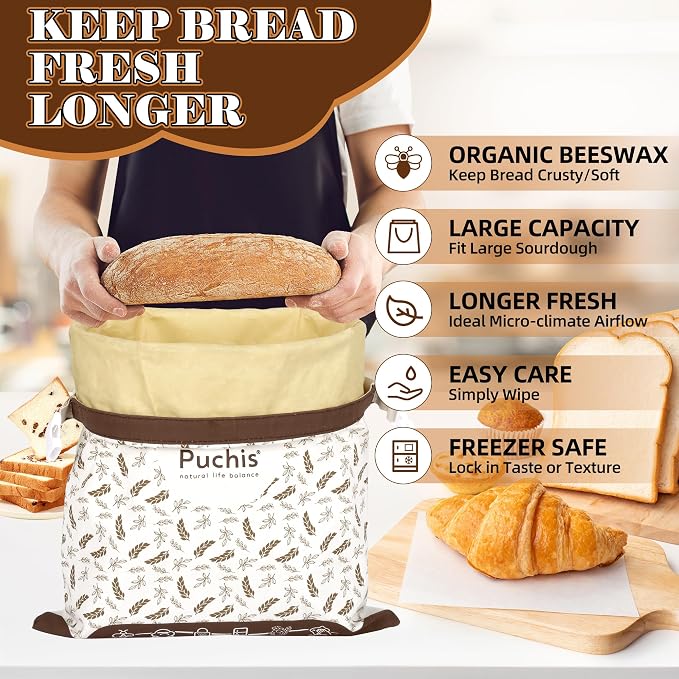 Beeswax Bread Bags for Homemade Bread, 2-Pack XL Sourdough Bread Bags, Reusable Cotton Bread Storage Bags, Beeswax Lined, Freezer Safe, 17" x 13"
