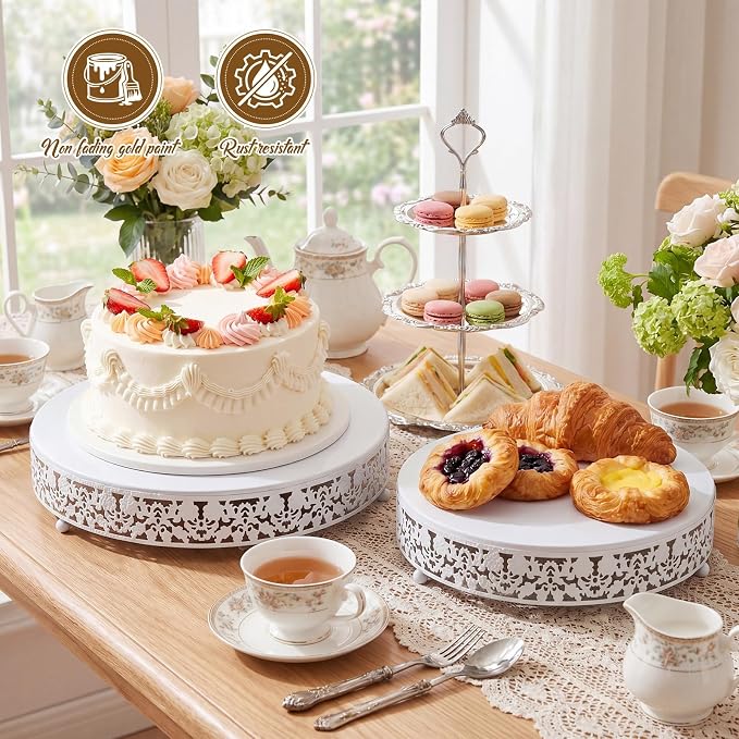 Wenqik 3 Pcs 16'' 14'' 12'' Metal White Cake Stand Round Cake Stands for Dessert Table Cookies Fruit Serving Tray Cupcake Dessert Pastry Riser for Wedding Birthday Party and Events (Traditional Style)