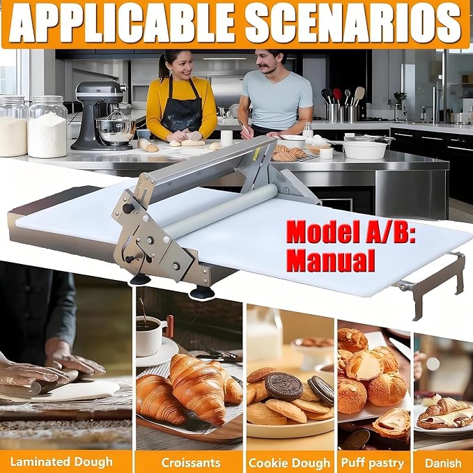 Croissant Dough Laminator:Manual,Folding Dough Roller Sheeter, Stainless Steel Dough Machine-Thickness Adjustable,Table Top Fondant Pizza Pastry Sheeter A300Manual