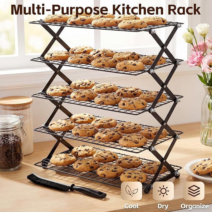 Timeet 5 Tier Upgraded Collapsible Cooling Rack with Adjustable 3 Setting Design, Stackable Baking Rack with Clean Brush, Roasting Cooking Drying Wire Cooling Rack for Cookies Baking ＆ Grilling