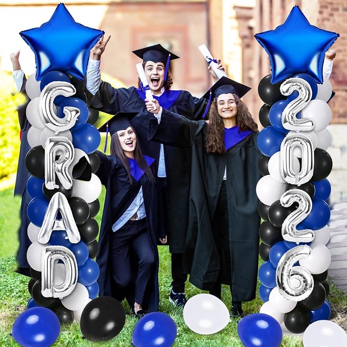 2 Sets Graduation Balloon Column Stand Kits with Balloons 2026 Grad Themed Decoration Navy Blue Balloon Tower Stand Kit for Grad High School & College Celebration Party Decor