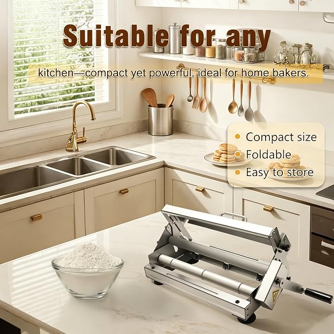 Folding Dough Sheeter, Manual Dough Rolling Machine, Stainless Steel Dough Roller with 56 Adjustable Thickness Settings, Foldable for Home, Bakery, Restaurant, Pizza Shop