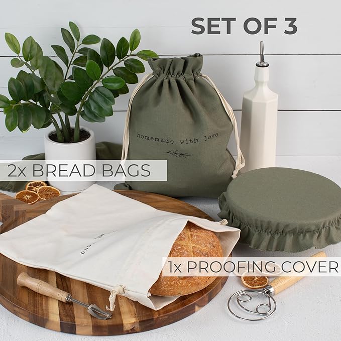 KIBAGA Beautiful Linen Bread Bag Set and Proofing Cover For Homemade Sourdough Bread - Keeps Your Loaf Fresh for Days - Reusable and Easy to Clean Storage Bag, The Perfect Baking Accessories