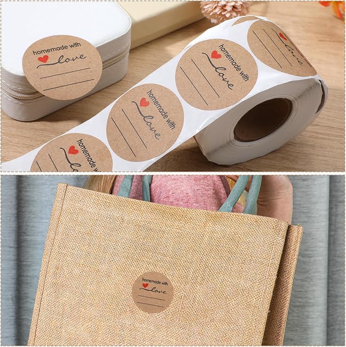 Homemade with Love Stickers, 500 Pcs Canning Labels for Jars with 2 Lines for Writing, Rustic Jar Labels for Containers, Mason Jar Stickers for Baked Goods Cookie Bags, Store Owners Price Tags 2 Inch