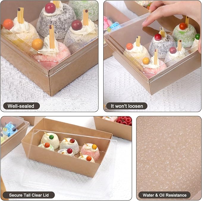 8 x 6 Inch Paper Charcuterie Boxes with Clear Lids, 50 Pack Large Disposable Food Containers, Take Out Bakery Boxes for Cake Slice, Cupcakes, Sandwiches, Cookies, Cocoa Bombs, Salads (Brown)