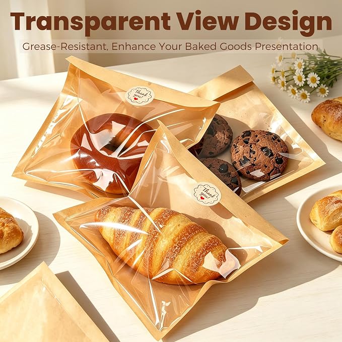100 Pack Self Sealing Cookie Bags with Seal, 7.1x7.5 Inch Bagel Bags with Clear Window, Grease Resistant Bakery Packaging for Cake Pop, Donuts, Brownie, Pastry, Scone and Other Treats