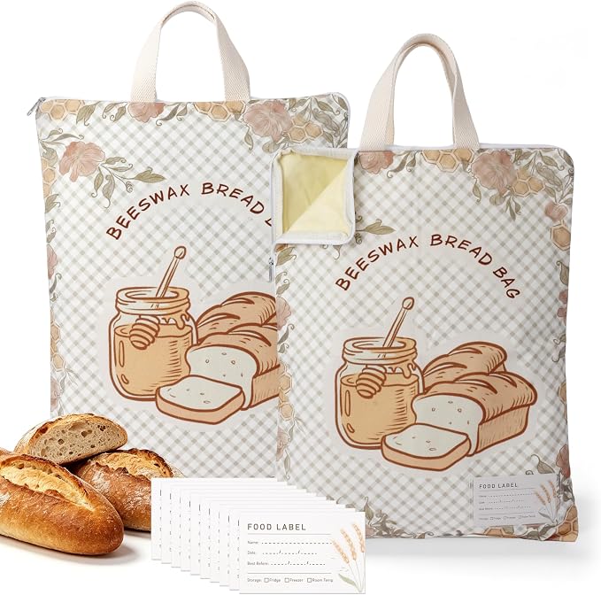 2 Pack Beeswax Bread Bags for Sourdough, 17x13 Inch Reusable Cotton Bread Storage Bags with Zipper and Handle Natural Beeswax Lining Freezer Friendly with 10 Food Labels Included (Floral Honeycomb)