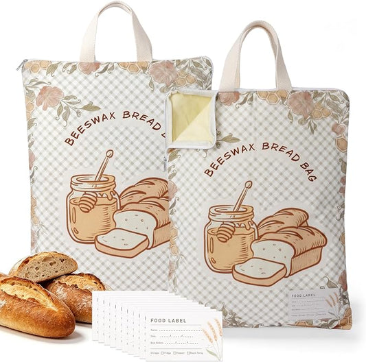 2 Pack Beeswax Bread Bags for Sourdough, 17x13 Inch Reusable Cotton Bread Storage Bags with Zipper and Handle Natural Beeswax Lining Freezer Friendly with 10 Food Labels Included (Floral Honeycomb)