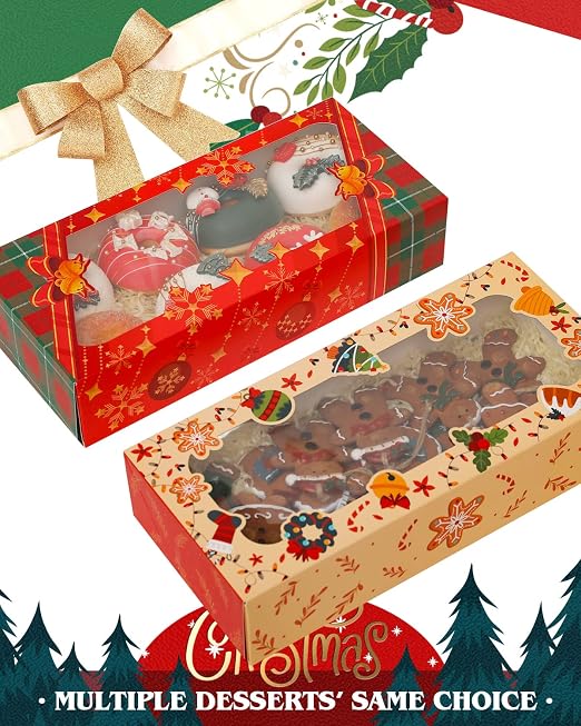 qiqee Christmas 12Packs Cookie Box with Window 12x5.5x2.5 Inch Two Uses Pastry Biscuit Bakery Box for Christmas