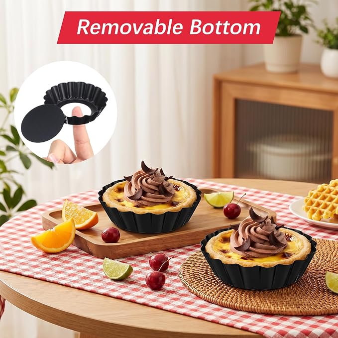20Pcs 3 Inch Mini Tart Pan, Black Carbon Steel Egg Tart Molds with Removable Bottom Round Non-stick Deep Quiche Pan, Heavy Duty Fluted Side for Pies, Egg Tarts Mold for Baking, Mousse Cakes
