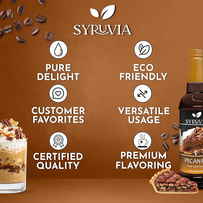 Syruvia Coffee Syrup, Pecan Pie Flavored Syrup for Drinks, Lattes, and Desserts – 25.4 fl oz - with Pump