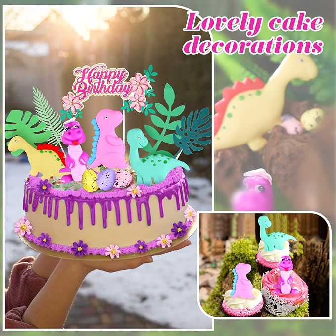 Marsui 35 Pcs Dinosaur Cake Topper, Dinosaur Cake Decorations with Happy Birthday Sign for Girls Birthday Baby Shower Safari Animal Themed Party