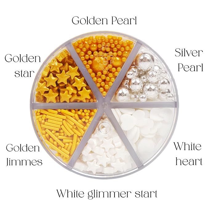 Peelit Gold & Silver Sprinkles Mix (6.7oz) – Edible Metallic Pearls, Stars & Hearts for Cake Decorating – Satisfying Crunch 6-in-1 Jar for Baking, Cookies, Cupcakes – Premium Edible Cake Toppers
