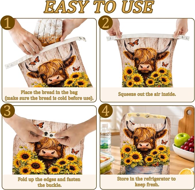 2 Pack Beeswax Highland Cow Bread Bags for Sourdough, Reusable Linen Sunflowers Butterfly Bread Bag 17x13'' Food Storage Cloth Bag Freezer-Friendly & Freshness Preservation