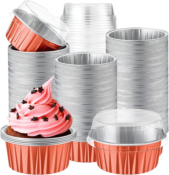 200 Pack Aluminum Foil Cupcake Liners with Lids, 5 oz Round Baking Cup, Disposable Ramekin Container for Graduation Wedding Independence Day Party(Rose Silver,Plain)