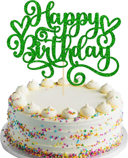 Gyufise Happy Birthday Cake Topper Glitter Cake Pick for Celebrating Anniversary Party Cake Decorations Supplies Green (1Pcs)