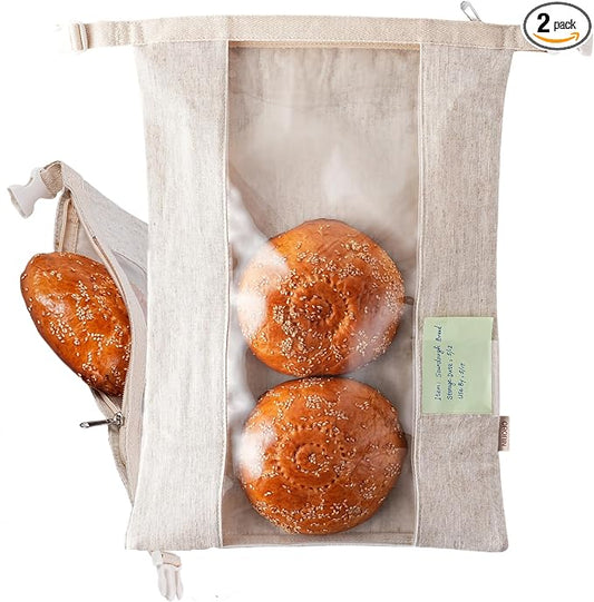 ORORIN Reusable Bread Bags for Homemade Bread,Linen Sourdough Bag Storage Container with Clear Window,Zipper Freezer Bags to Keep Fresh,Sourdough Accessories,2-Pack (Patented)