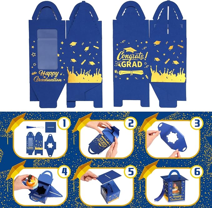 Outus 30 Pcs Graduation Cupcake Boxes Graduation Gift Box Congrats Grad Cupcake Container Candy Boxes with Window and Tassel for 2026 College High School Grad Party(Blue)