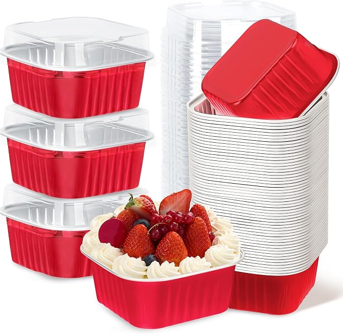 30Pack 5oz Mini Cake Pans with Lids Baking Cups Aluminum Foil Pans Tins, Individual Dessert Cups Containers for Sales,Party,Picnics Red
