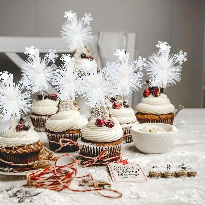 Gyufise 20Pcs Foil Firework Cupcake Toppers Sparkle Tinsel Cake Toppers Tinsel Drink Cake Decoration Cocktail Picks for Birthday Wedding Graduation Party Supplies White