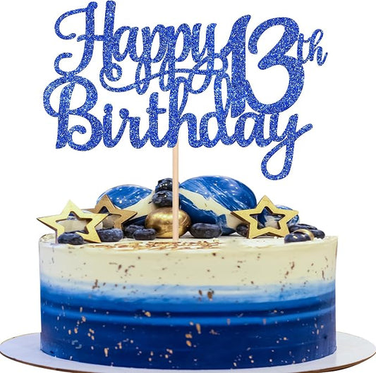 1 PCS Happy 13th Birthday Cake Topper Glitter Cheers to 13 Years Birthday Cake Pick Official Teenager 13 Fabulous Cake Decoration for Happy 13th Birthday Theme Party Decorations Supplies Blue
