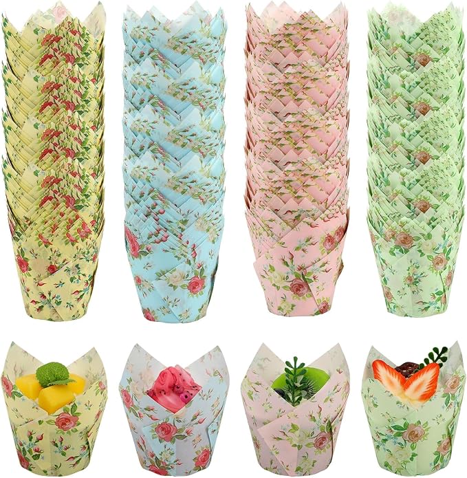 AUGSHY Floral Tulip Cupcake Liners, 200Pcs Flower Paper Muffin Baking Cups | Greaseproof Paper Cupcake Wrappers, Cake Dessert Decorations, Spring Easter Baby Shower Birthday Wedding Tea Party Supplies