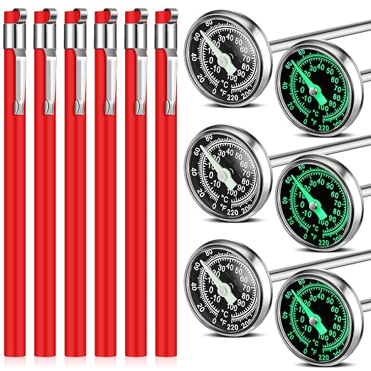 Xuhal 6 Pcs Stainless Steel Kitchen Glow Thermometer with 5 Inch Long Stem 1 Inch Dial Thermometer Milk Frothing Food for Oven Probe Meat Grill BBQ Cooking Chocolate Water (White Red)