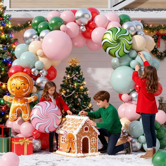 Christmas Balloon Arch Kit, Macaron Pink Red Green Ivory Metallic Silver Candy-Themed Balloons with Gingerbread Style Foil Balloons for Christmas Birthday Party Decorations Baby Shower Backdrop