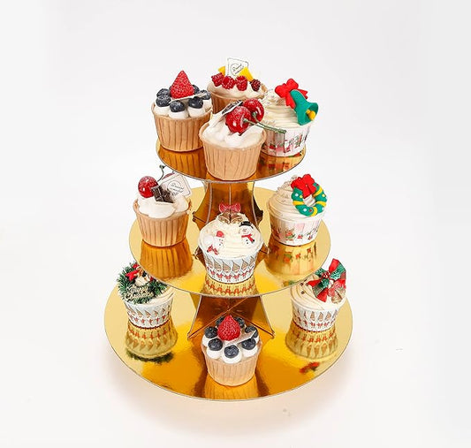 YLDW Cupcake Stand, 3-Tier Cupcake Stand Display, Cardboard Cup Cake Tower Stand, Disposable Dessert Stand for Birthday Tea Party Baby Shower Treat Decorations, Mirror Gold