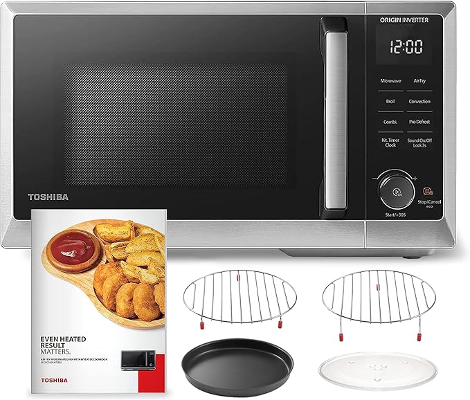 TOSHIBA 6-in-1 Inverter Countertop Microwave Oven Healthy Air Fryer Combo, MASTER Series, Air Fryer, Broil, Convection, Speedy Combi, Even Defrost, Sound On/Off 27 Auto Menu Stainless Steel (Renewed)
