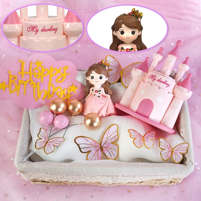 19 PCS Princess Cake Topper Castle Cake Decoration with Butterflies and Balls for Princess Birthday Supplies (Pink)