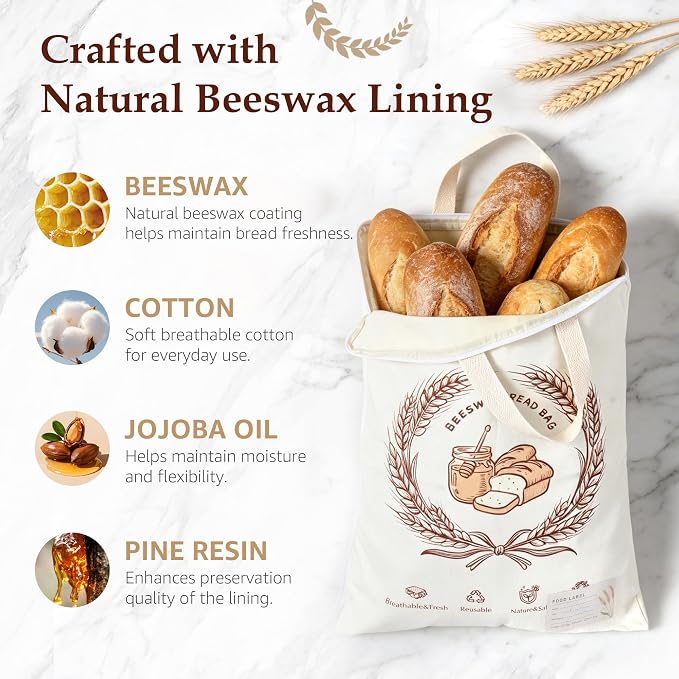 2 Pack Beeswax Bread Bags for Sourdough, 17x13 Inch Reusable Cotton Bread Storage Bags with Zipper and Handle Natural Beeswax Lining Freezer Friendly with 10 Food Labels Included (Wheat Wreath)