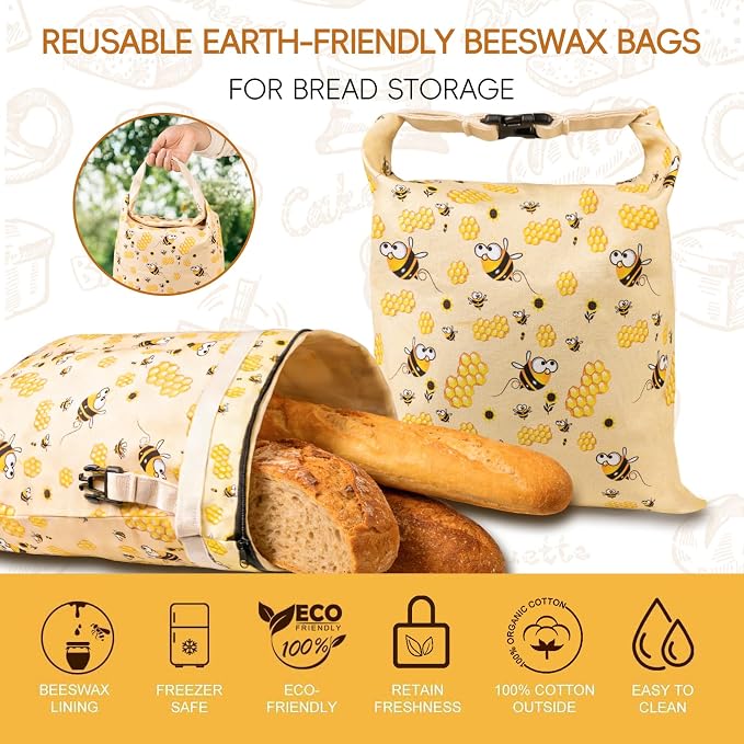 2 Pack Beeswax Bread Bags for Sourdough, Reusable Cotton Linen Bread Storage Bags for Homemade Bread, XL 17'' x 13'', Zipper Closure, Freezer Safe