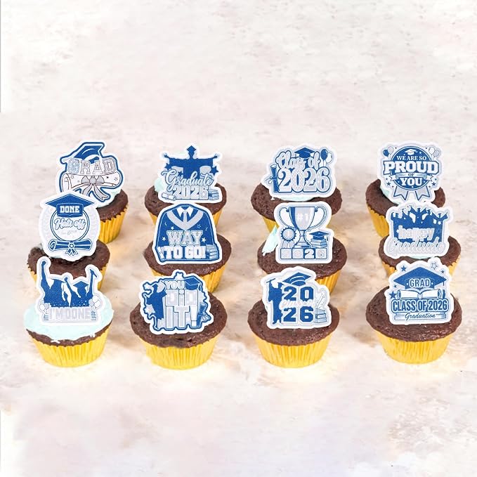 60 PCS Edible 2026 Graduation Cupcake Toppers Class of 2026 Cupake Decorations Edible Done Diploma Congrats Grad Cupcake Picks for 2026 Graduation Theme Party Cake Decorations Supplies Blue Silver