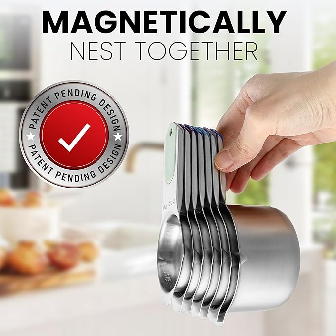 Spring Chef Stainless Steel Magnetic Measuring Cups, Set of 7 & Heavy Duty Magnetic Measuring Spoons, Set of 8 with Leveler - 2 Product Bundle - Winter Frost