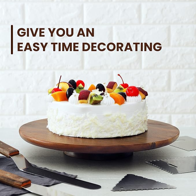 TIDITA 13" Acacia Cake Stand Rotating – Rustic Wood Turntable Pedestal Stands – Wooden Spinning Tables for Food Serving - Round Cake Decorating for Cupcake Dessert Display in Party, Wedding, Birthday